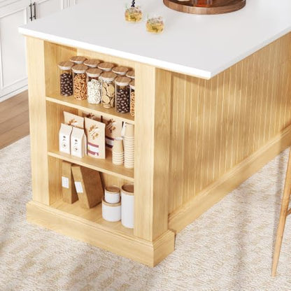 63" Kitchen Island with Storage, Farmhouse Stationary Island Table with 6 Drawers & Open Shelves, Heat-Resistant Countertop Storage Cabinet for Kitchen, Natural