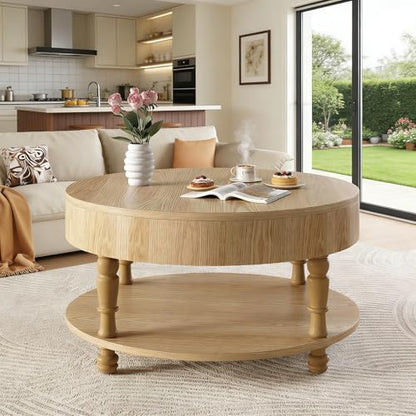 31.5" Round Coffee Table with Storage, 2 Tier Modern Center Table, Adjustable Leveling Feet, Easy Assembly, Wood Coffee Table for Living Room, Apartment, Small Space. (Natural Wood) - color: Natural-n