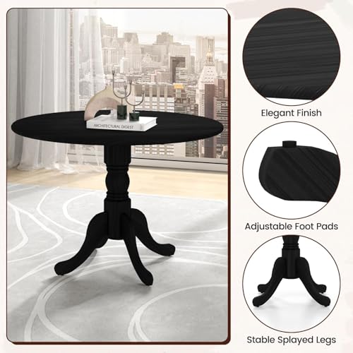 COSTWAY Round Dining Table for 4, 39 inch Kitchen Table with Solid Rubber Wood Frame, Adjustable Foot Pads, Curved Trestle Legs, Mid Century Rustic Dinning Table for Living Room, Black | Adjustable Foot Pads, Curved Trestle Legs, Mid Century Rustic Dinnin