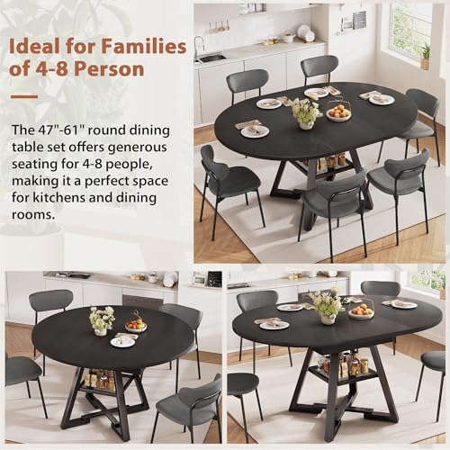 Extendable Dining Table for 4-8, Round Extendable Dining Room Table with Removable Leaf & Storage Shelf, Expandable Oval Kitchen Table with Pedestal Base, Modern Industrial Space Saving (Black) - color: Black
