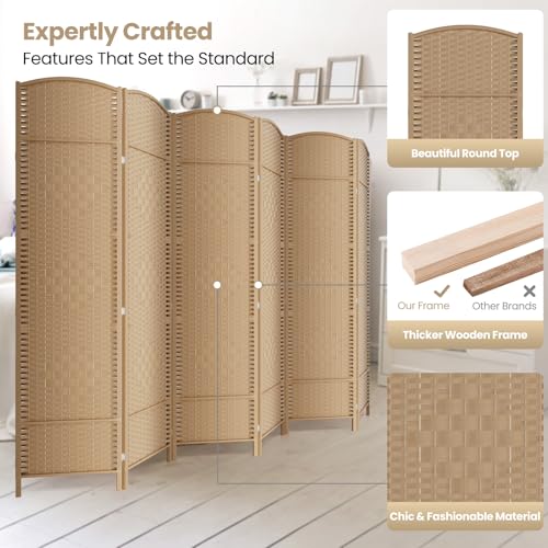 6 Panel Folding Room Divider,Woven Privacy Screen,Light Beige | Solid wood frame, handcrafted diamond pattern, 6FT tall, extends to 94.5 inches wide, no assembly required - color: Light Beige, size: 6-Panel