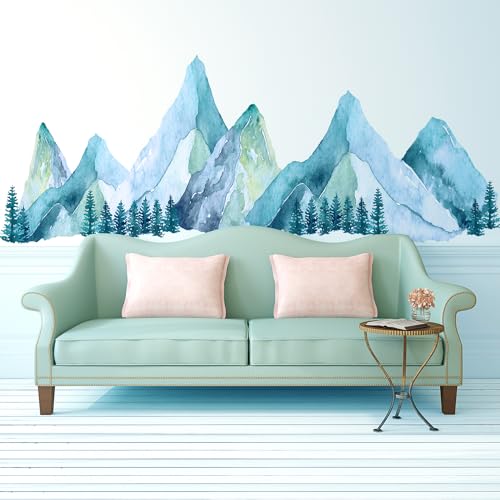 Large Mountain Wall Decals, Blue Pine Tree Peel and Stick Vinyl Wall Stickers & Murals, Removable Home Room Wall Decor for Bedroom Living Room Bedroom Classroom Office Nursery - color: Blue