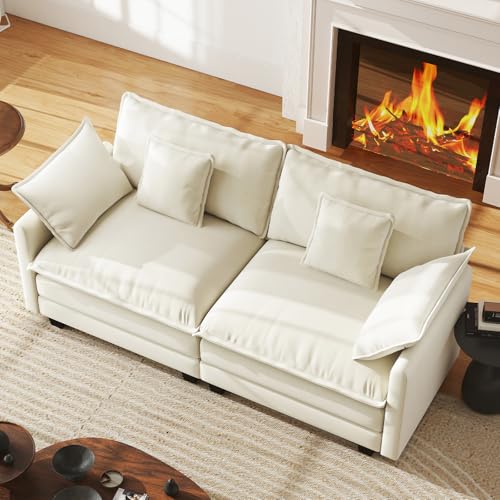 77" Cloud Sofa Loveseat, Comfy Sectional Couch, 2-Seater Chenille Deep Seat Sofa with Throw Pillows for Living Room Bedroom Apartment (Beige) - color: Beige, size: 77" Sofa