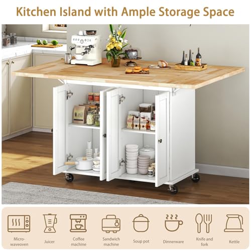 62.8 INCH Rolling Kitchen Island Cart with Double Drop Leaf, Small Mobile Kitchen Cart on Wheels, Folding Kitchen Island with Large Tbletop, Adjustable Shelves for Dining Room - color: White