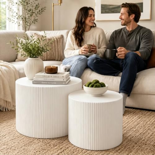 Nesting Round Coffee Table Set of 2 White No Assembly | Nesting Drum Tables, Modern End Table with Vertical Fluted Design Coffee Tables for Living Room, Office, Bedroom - color: White