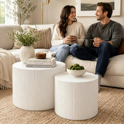 Nesting Round Coffee Table Set of 2 White No Assembly | Nesting Drum Tables, Modern End Table with Vertical Fluted Design Coffee Tables for Living Room, Office, Bedroom - color: White