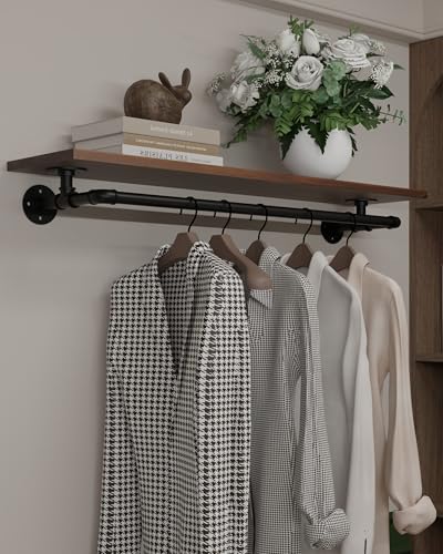 Clothes Rack 42in, Wall Mounted Garment Rack with Real Walnut Wood Shelf, Heavy Duty Hanging Clothes Rack, Multi-Purpose Hanging Rod, Space-Saving Closet Storage - color: Walnut, size: 1T42IN