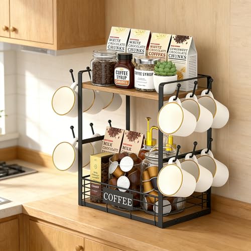 Coffee Mug Rack with 12 Hooks, 2-Tier Coffee Bar Organizer with Shelf & Storage Basket, Countertop Coffee Cup Holder Stand for Kitchen, Home & Café - Black & Brown - color: 2-Tier (Large)