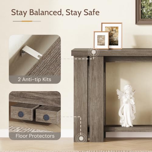 70.9 Rustic Grey Farmhouse Console Sofa Table Behind Couch Entryway Wood | Thick 2-inch engineered wood tabletop with embossed texture