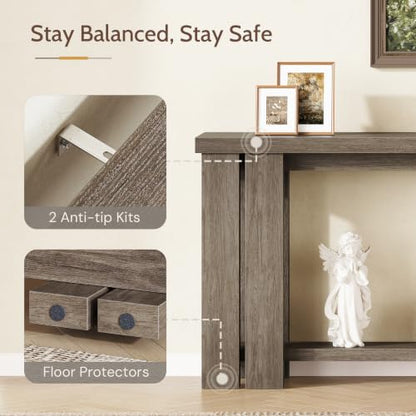 70.9 Rustic Grey Farmhouse Console Sofa Table Behind Couch Entryway Wood | Thick 2-inch engineered wood tabletop with embossed texture