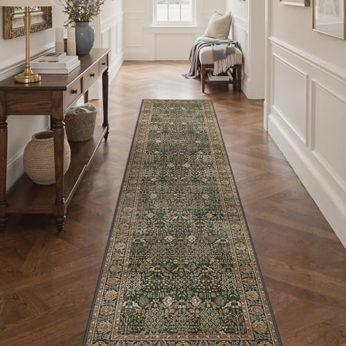 2x10 Kitchen Runner Rug, Washable Non Slip, Dark Green Brown | Vintage Floral Design, Spill Resistant Lightweight Low Pile Carpet for Hallway, Bedroom, Laundry Room, Bathroom - color: Dark Green Brown, size: 2' x 10' (Rectangular)