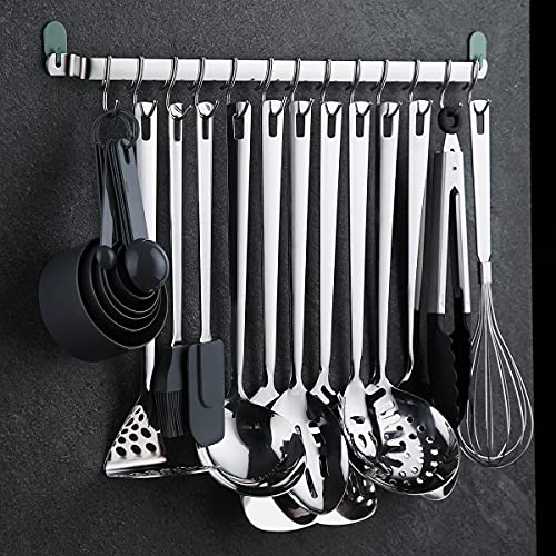 Kyraton Kitchen Utensil Rail Organizer - Wall Mounted Gourmet Rack With 14 Hooks for Hanging Knives, Mugs, Spatulas, Pots and Utensils - color: 1.Silver