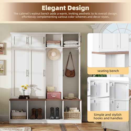 JIVOIT 75" H Farmhouse Hall Tree with Storage, Versatile 4-in-1 Coat Hanger with 4 Hidden Hanging Hooks, 8 Doors, Entryway Shoe Cabinet with Open Compartments for Living Room - color: White//23