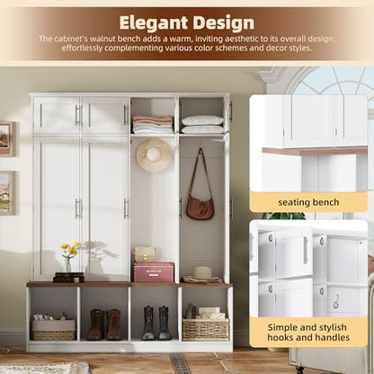 JIVOIT 75" H Farmhouse Hall Tree with Storage, Versatile 4-in-1 Coat Hanger with 4 Hidden Hanging Hooks, 8 Doors, Entryway Shoe Cabinet with Open Compartments for Living Room - color: White//23