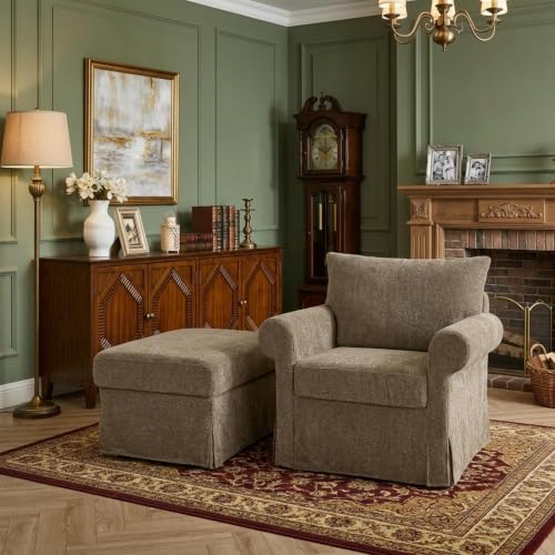 Eafurn Modern Chenille Accent Chair with Ottoman for Small Space, Comfy Upholstered Reading Chairs Lounge Armchair with Foot Rest, Sturdy Solid Wood Frame for Living Room - color: Brown 37.5"