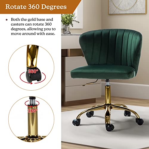 TINA'S HOME Office Desk Chairs with Wheels & Gold Base, Modern Velvet Cute Armless Office Chair, Adjustable Low Back Swivel Rolling Chair, Upholstered Task Chair for Living Room Vanity Study-Green | Modern Velvet Cute Armless Office Chair, Adjustable Low