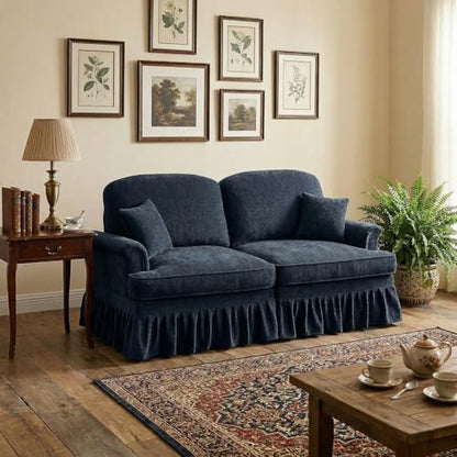 Modular Loveseat Sofa Couch, 2 Seat Comfy Farmhouse Chenille Sofa with Removable Ruffled Skirt, Flared Armrests, Sturdy Legs, Convertible Loveseat for Living Room, Bedroom, Apartment (Blue) - color: Blue, size: 76.4 Inch