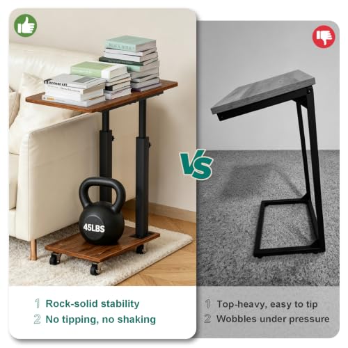 AOODA 22''W TV Tray Table with Wheels Adjustable Height, C Shaped End Tables Living Room, Rolling Couch Side Table with Storage for Sofa, Bed, Recliner (Rustic Brown) - color: Brown