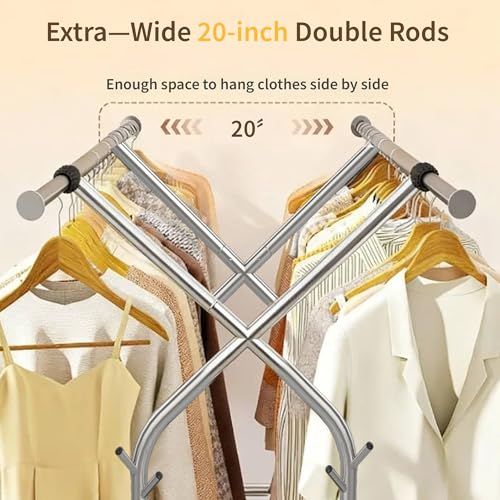 HAPPY CHEERS Heavy Duty Clothes Rack,Double Rods Clothing Rack for Hanging Clothes,Rolling Clothing Racks with Wheels,Metal Garment Rack for Bedroom Laundry Living Room,Silver | Double Rods Clothing Rack for Hanging Clothes, Rolling Clothing Racks with Wh