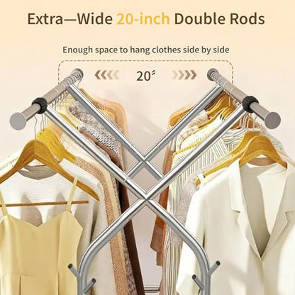 HAPPY CHEERS Heavy Duty Clothes Rack,Double Rods Clothing Rack for Hanging Clothes,Rolling Clothing Racks with Wheels,Metal Garment Rack for Bedroom Laundry Living Room,Silver | Double Rods Clothing Rack for Hanging Clothes, Rolling Clothing Racks with Wh