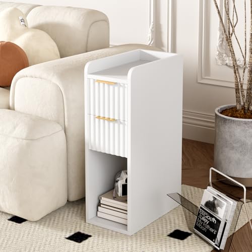 Narrow Nightstand Set of 2, 7.9" Wood Nightstands w/Fluted 2 Drawer, Slim Bed Side End Table Small Spaces Modern Skinny Wooden Night Stand for Bedroom, Living Room, White