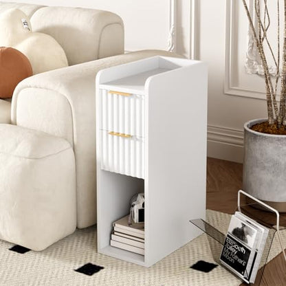 Narrow Nightstand Set of 2, 7.9" Wood Nightstands w/Fluted 2 Drawer, Slim Bed Side End Table Small Spaces Modern Skinny Wooden Night Stand for Bedroom, Living Room, White