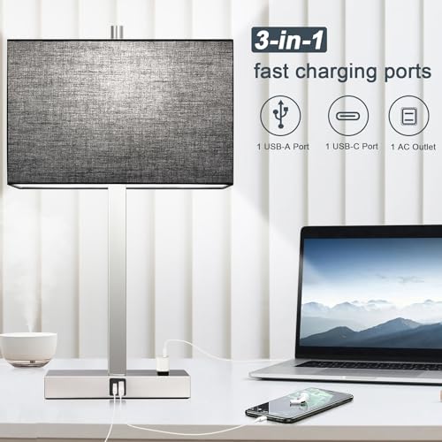 21" Touch Bedside lamps with 2 USB & AC Outlets, 3-Way Dimmable Bedside Table Lamps Set of 2 for Bedroom Living Room Office Reading, Black Shade Lamps for Night Stands, 5000K LED Bulbs Included - color: (2 Pack)-Black Linen& Brushed Nickel(Base)-5000K Bul