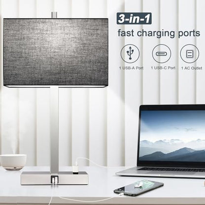 21" Touch Bedside lamps with 2 USB & AC Outlets, 3-Way Dimmable Bedside Table Lamps Set of 2 for Bedroom Living Room Office Reading, Black Shade Lamps for Night Stands, 5000K LED Bulbs Included - color: (2 Pack)-Black Linen& Brushed Nickel(Base)-5000K Bul
