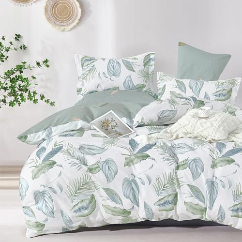 LEMIROE Botanical Cotton Comforter Twin Size - Sage Green Comforter Printed with Leaves & Ferns on White,Reversible Lightweight Bedding Sets 2Pcs(Leaves,68"×90") - color: Leaves - Sage Green, size: Twin/Twin XL(68"×90")
