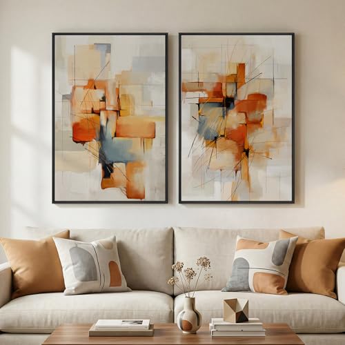 Large Framed Blue Orange Block Abstract Wall Art for Living Room, 24x36 In | 2 Piece, Canvas prints, Colorful paintings, Modern minimalist artwork, Orange block pictures, Dining room bedroom wall decor - color: Blue and Orange, size: 24" W x 36" H x 2Pcs