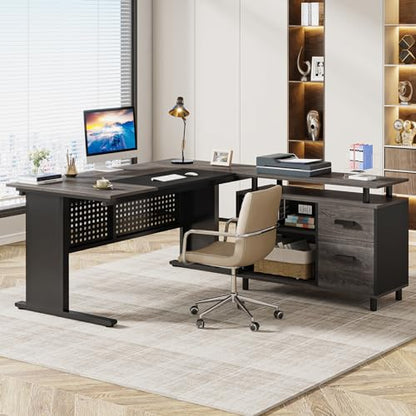 Tribesigns 63 Inch Executive Desk with File Cabinet, Large Office Desk | L Shaped Desk with File Drawer, Computer Table Desk with Storage, Large Desk for Home Office, Easy Assembly, Gray and Black - color: Gray and Black