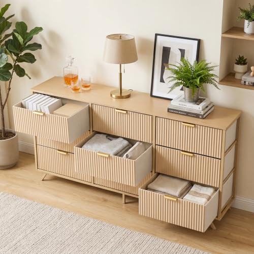 DUMOS Fabric Fluted Dresser, Modern Chest of 9 Fabric Drawers for Bedroom, Large Dressers with Metal Frame & Wooden Top, Storage Organizer Closet for Living Room, Entryway, Natural Oak