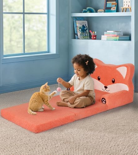 Foryoomi Kids Couch, 2-in-1 Soft Toddler Couch Fold Out with Blanket, Chair Comfy, Foldable Convertible Plush Sofa, Gifts for Kids Girl Boys, Fox - color: Fox