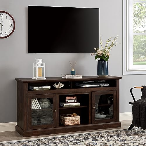 Modern TV Stand for 65 Inch TV, 60 Inch Farmhouse TV Console with Glass Doors and Adjustable Shelves for Living Room, Wood Media Entertainment Center with Cable Management, Brown - color: Brown-f-60.00 X 15.75 X 29.00 Inch