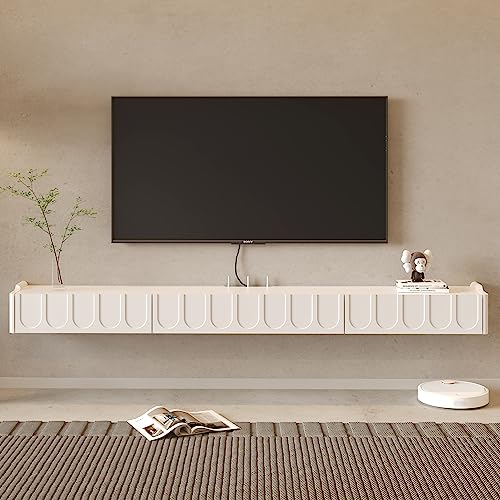 Floating TV Shelf in Solid Wood, 73'' High Gloss Wall Mounted TV Cabinet, Floating Shelves with Door & Drawers, Modern Entertainment Media Console Center Large Storage TV Bench (White) - size: 72.83''
