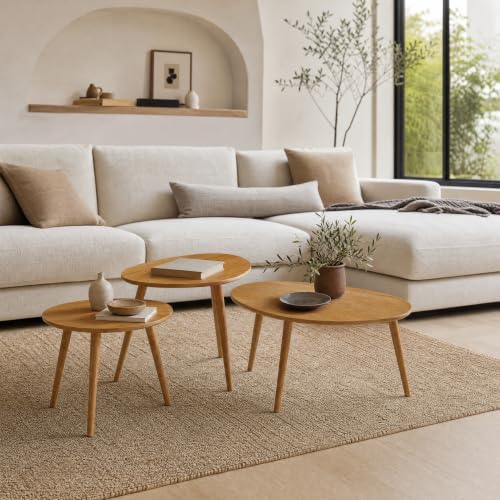 Small Oval Nesting Table, Mid Century Coffee Table for Living Room,Solid Oak Wood End Tables,Triangle Tabletop with 3 Legs,Minimalist Display Living Tables (Original Wood Color, 3 Pieces) - color: Original Wood Color, size: Small-Tall-Large - 3 Pieces