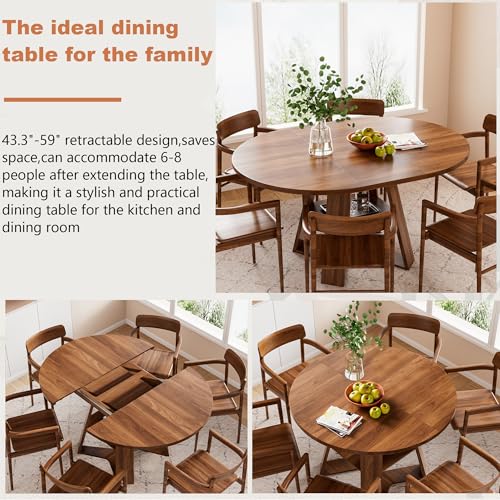 43.3"-59" Extendable Round Oval Dining Table for 4-8 with Storage Shelf | Modern Kitchen Oval Dining Table with Removable Leaves,Space Saving Extendable Table Wood Base for Kitchen Living Room Walnut - color: Walnut Style 3