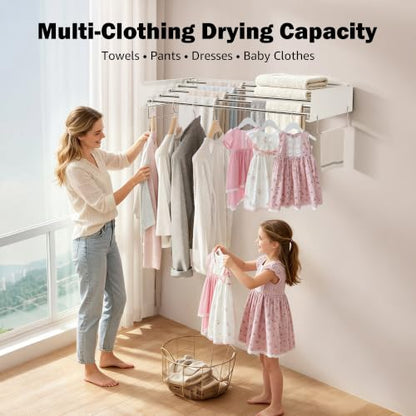 Wall Mounted Drying Rack 32" – Foldable Clothes Drying Rack Wall Mounted, 65 LBS Laundry Rack Wall Mounted, Retractable Clothes Rack for Laundry Room, Indoor & Outdoor Space Saver, 5 Rods, White - color: White