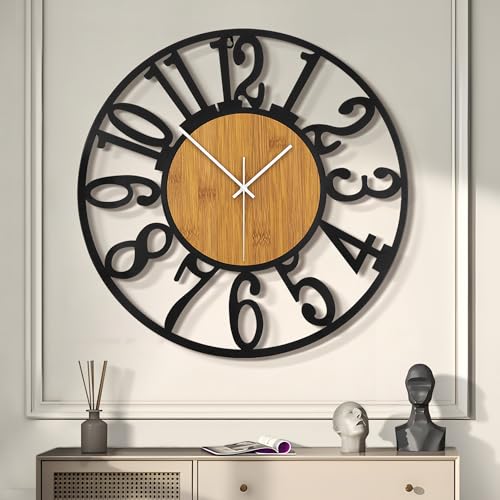LEIKE Large Wall Clocks,Silent,Non Ticking,Battery Operated Rustic Round Modern Big Wood Wall Clock for Living Room, Bedroom,Kitchen,Farmhouse,Office,Home Decor - color: A-wood-arabic Number, size: 13.5 IN