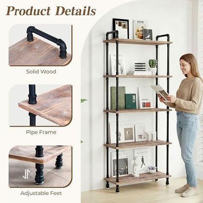 Industrial Bookshelf, Pipe Shelf Bookcase, 5 Tier, 30" Weathered Brown | Solid pine shelves, 30 inch wide, black pipe frame, 35 lbs per shelf, open bookcase for books, plants, office - color: Weathered Brown, size: 30"L × 70"H