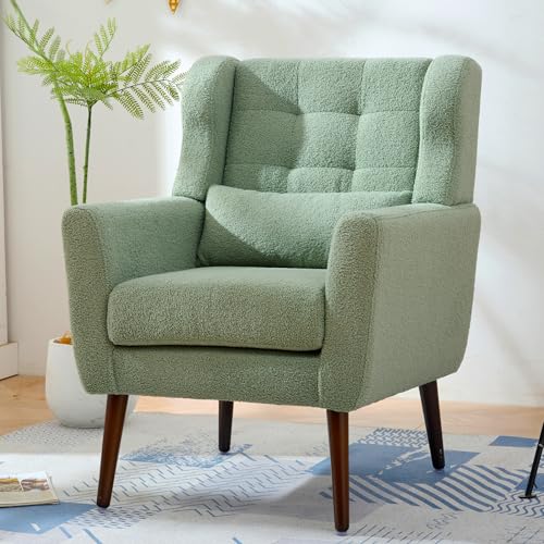 Modern Accent Chair, Upholstered Armchair with Pillow, Teddy Single Sofa Chair with Lounge Seat and Wood Legs Accent Chair for Living Room Bedroom Small Spaces - color: Teddy Light Green, size: Set of 1