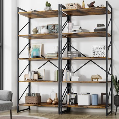 Shintenchi 2 Pieces 5 Tiers Bookshelf, Classically Tall Bookcase Shelf, Industrial Book Rack, Modern Book Holder in Bedroom/Living Room/Home/Office, Storage Rack Shelves for Books/Movies-Rustic Brown - color: 2pcs/Rustic Brown