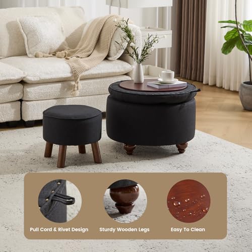 24Inch Round Storage Ottoman, Set of 2, Modern Button Tufted Coffee Table with Removable Top, Upholstered Ottoman with Storage Footrest Stool for Living Room, Bedroom (Dark Grey) - color: Dark Grey