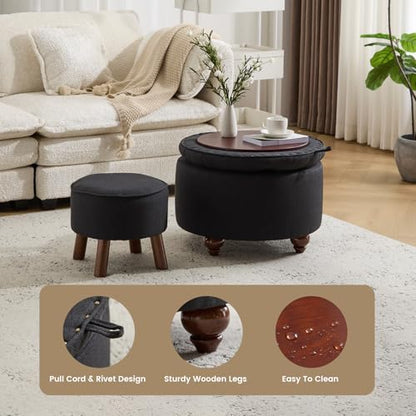 24Inch Round Storage Ottoman, Set of 2, Modern Button Tufted Coffee Table with Removable Top, Upholstered Ottoman with Storage Footrest Stool for Living Room, Bedroom (Dark Grey) - color: Dark Grey