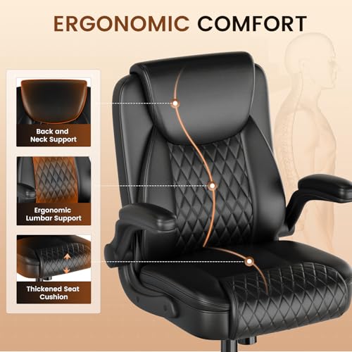 GTPLAYER PU Leather Office Chair, Home Desk Chair with Flip-up Arms, Black | Ergonomic Back, Comfy Executive Chair for Home Office Gaming, Flexible Rocking, Heavy Duty Chairs - color: Black