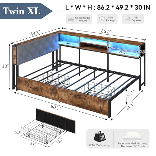 Twin XL Corner Bed Frame with Storage Bookcase and Headboard, Metal Platform Twin XL Bed with LED Lights and Charging Station, Modern Daybed with 2 Storage Drawers for Kids Teens, Vintage Brown - color: Vintage Brown, size: Twin XL