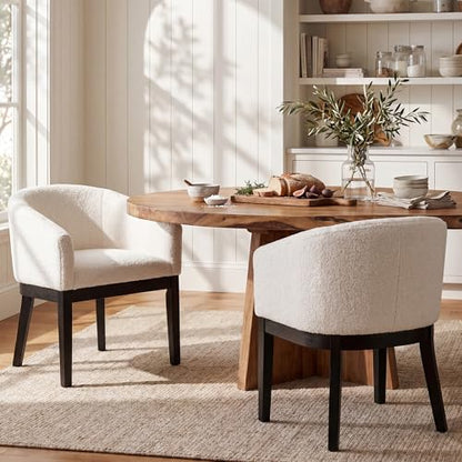 HNY Barrel Dining Chairs Set of 2, Mid Century Modern Upholstered Dining Chairs with Arms, Sherpa Boucle Kitchen & Dining Room Chairs, Solid Wood Frame Accent Chairs for Kitchen, Apartment, White - color: White,black Lges, size: 2 Chairs