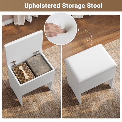 Corner Vanity Desk with Lights and Charging Station, Makeup Vanity with Lights, Vanity Set with Mirror and Storage Stool, Makeup Table with Drawers, Rotating Shelves, White - style: Modern White