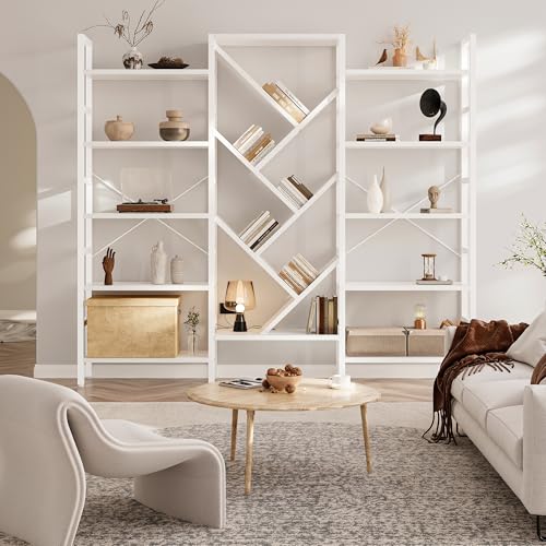 70" Triple 5 Tier Book Shelf, Large Wooden Bookcase with 17 Open Display Shelf, Modern Tree Bookshelf Metal Frame Tall Bookshelf Furniture for Living Room Bedroom Home Office White - color: White, size: 5 tier