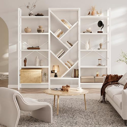 70" Triple 5 Tier Book Shelf, Large Wooden Bookcase with 17 Open Display Shelf, Modern Tree Bookshelf Metal Frame Tall Bookshelf Furniture for Living Room Bedroom Home Office White - color: White, size: 5 tier